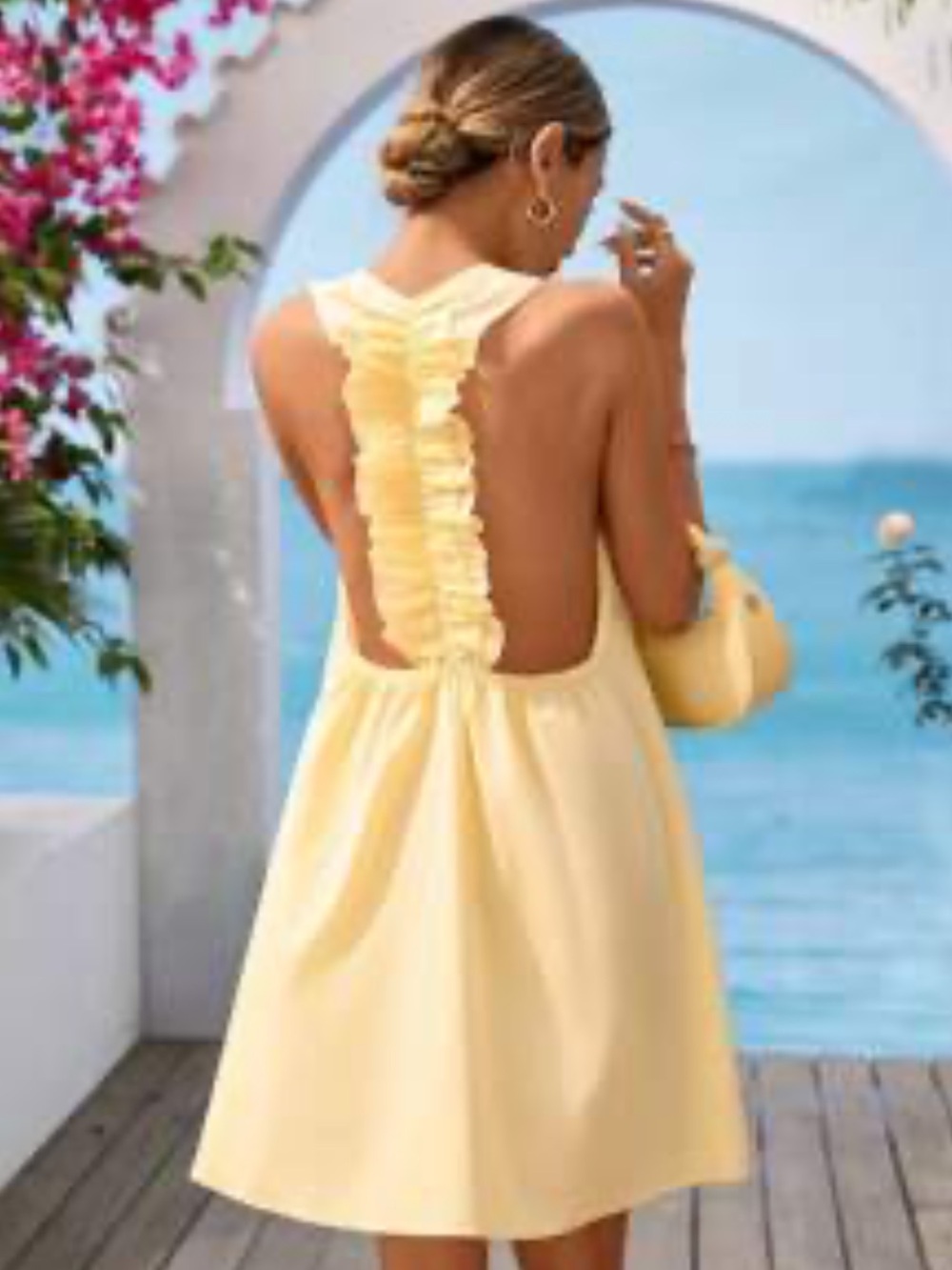 SHEIN Pale Yellow Ruffled Open-Back Sundress